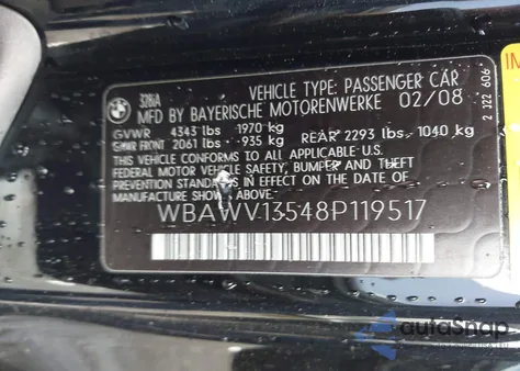 2008 BMW 328I from USA, damaged, VIN WBAWV13548P119517